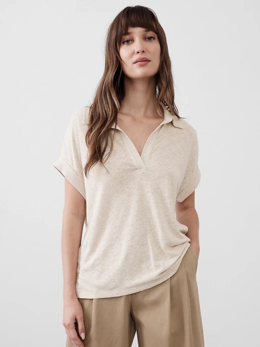 NWT Banana Republic LINEN-BLEND JOHNNY COLLAR SHIRT Polo Collar Beige XXL